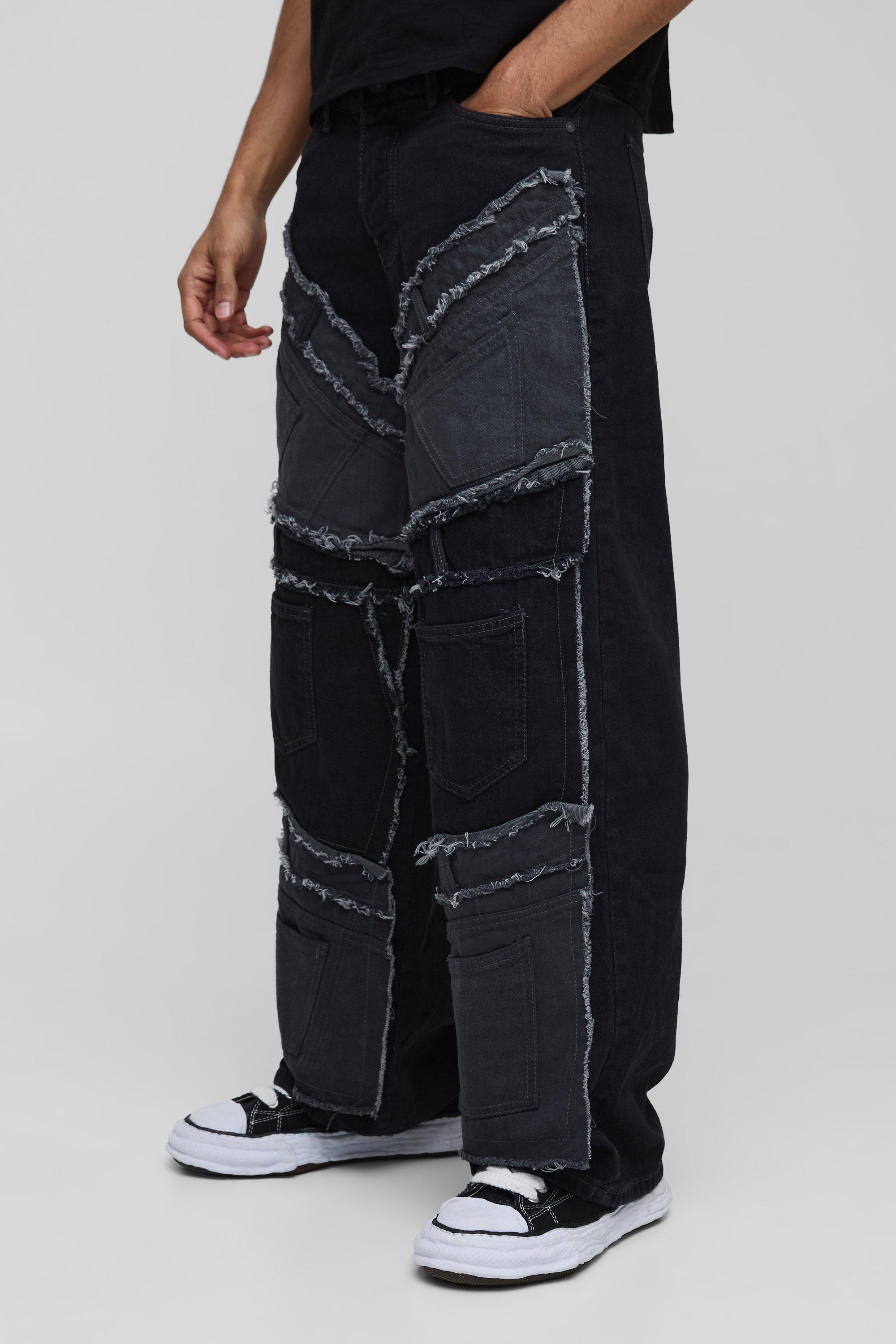 Mens Baggy Rigid Patchwork Waistband Detail Jean In Black, Black